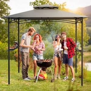 Costway Grillpavillon mit Doppeldach & 2 Seitenregalen & 6 Haken Gartenpavillon BBQ Pavillon 242 x 150 cm günstig