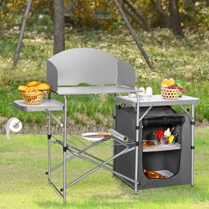 Costway Campingschrank faltbar Campingküche mit Windschutz & Aufbewahrungstasche tragbarer Camping Faltschrank Aluminiumgestell Grau