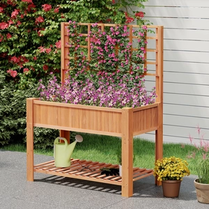 Costway Holz Hochbeet mit Spalier & Ablage Blumenbeet mit Ablauflöchern Gartenbeet Pflanzkasten Braun günstig