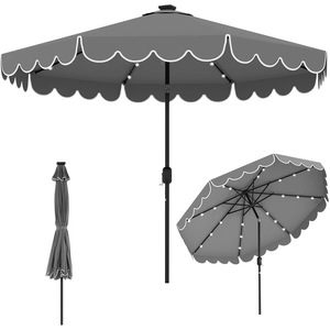 Costway 300 cm Sonnenschirm mit LED-Beleuchtung Gartenschirm mit Kurbel und Volant beidseitig um 35° knickbar Grau