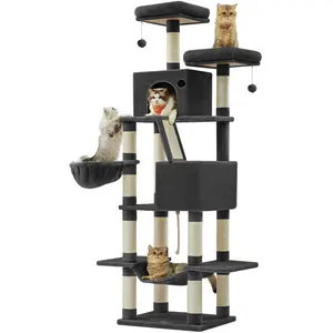 Feandrea Kratzbaum groß, 203,5 cm hoch, XXL Katzenbaum, mit 13 Kratzsäulen, 2 Plattformen, 2 Höhlen, Korb, Hängematte, Plüschbälle, mehrstöckiger Katzenkratzbaum, tintenschwarz PCT190B01 günstig