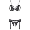 Bild von Cottelli Collection Set: Bügelloser BH 3-tlg Strumpfband-Set mit offenem Cup und Intimbereich Spitze schwarz (3-tlg) mit offenem Schritt und Cups
