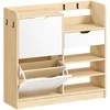 Bild von HOMCOM Schmaler Schuhschrank mit 2 Türen, Schuhschrank für Diele/Flur mit verstellbaren Ablagen, Schublade, offene Fächer, 4 Haken, für 14 Paar Schuhe, 93x30x90 cm, Natur und Weiß Aosom