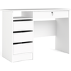 Bild von Plus Schreibtisch mit 1 Regal, 3 kleinen Schubladen und 1 großen Schublade mit Schlüssel, weiß.
