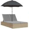 Bild von vidaXL Doppel-Sonnenliege mit Kissen & Sonnenschirm Beige Poly Rattan