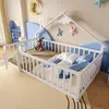 Bild von STILVORA 90x190 Kinderbett in Hausform mit Schloss-Geländer,Jugendbett aus Holz mit Hausleiste,Flachbett mit Sicherer Schutz,ohne Matratze,Weiß